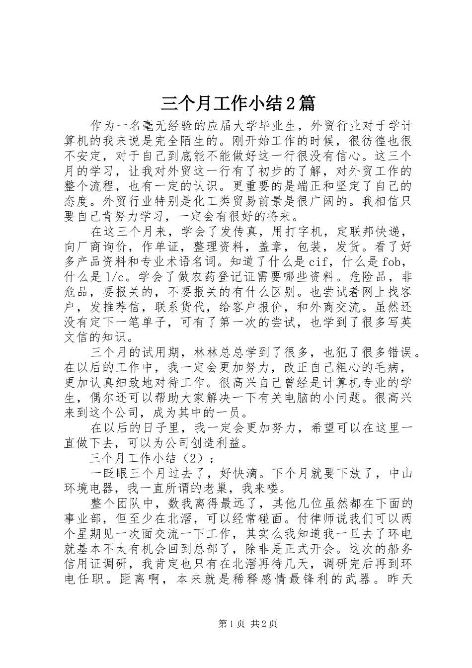 三个月工作小结2篇 _第1页