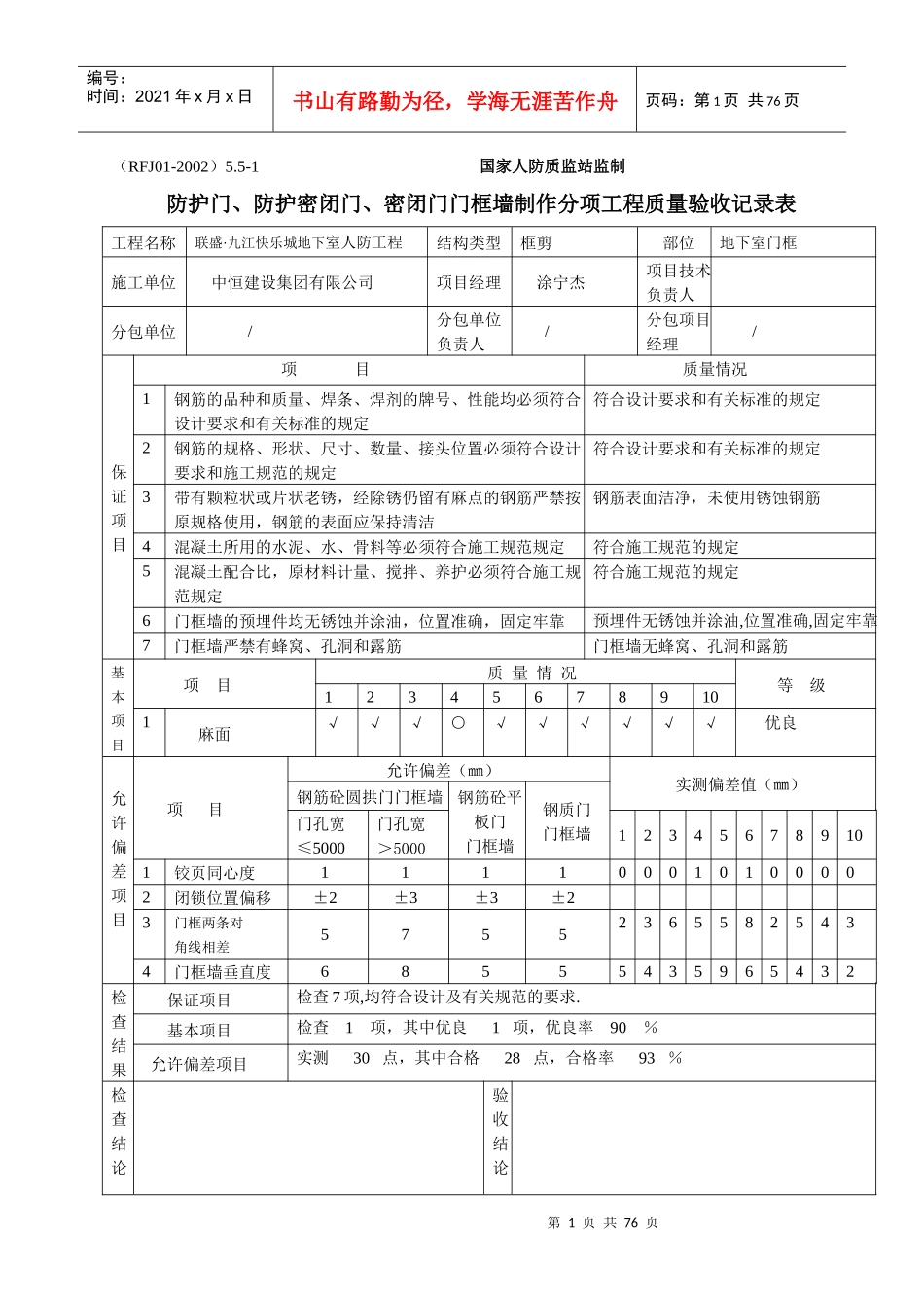 密闭门门框墙制作分项工程质量验收记录表_第1页