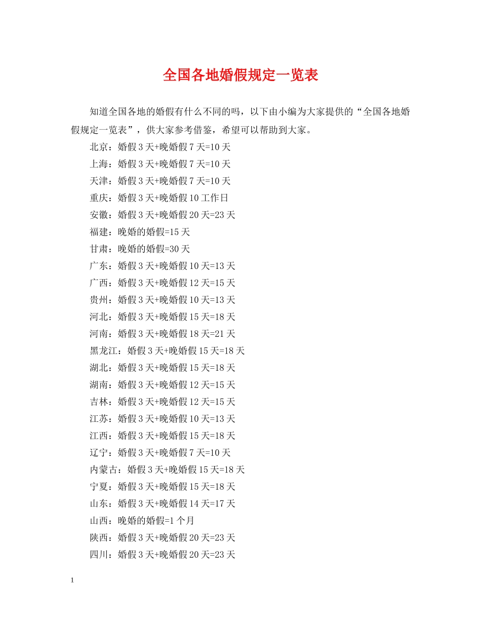 全国各地婚假规定一览表_第1页