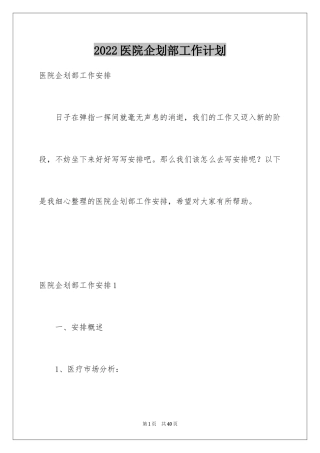 2024医院企划部工作计划
