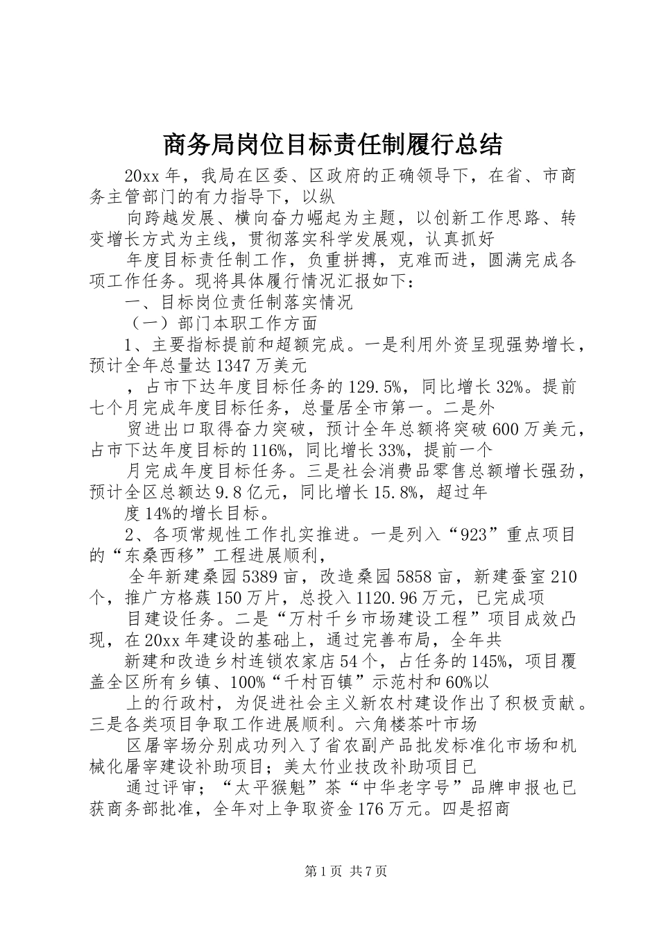 商务局岗位目标责任制履行总结 _第1页