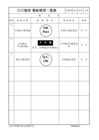 卷标使用一览表