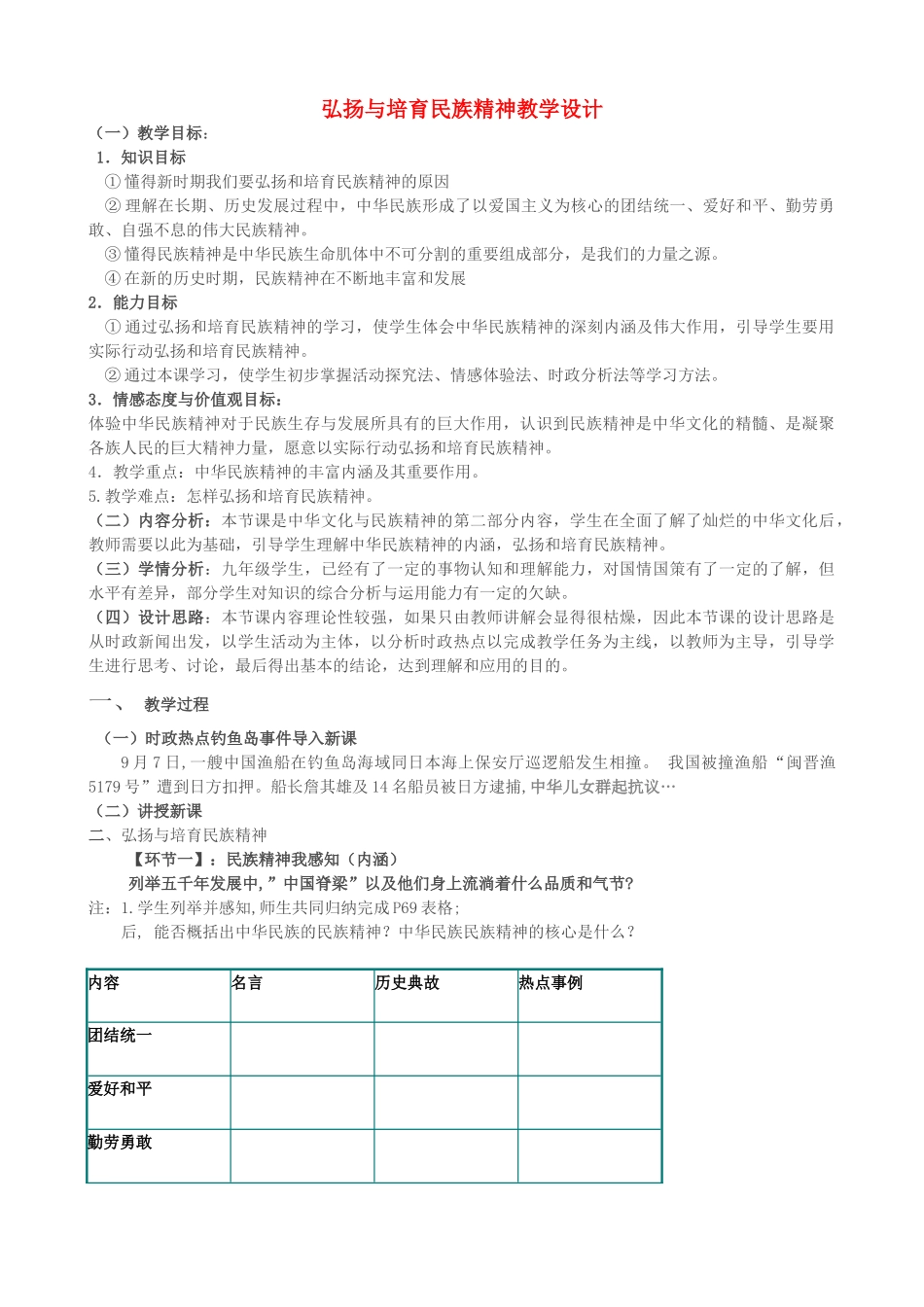 九级政治 弘扬和培育民族精神教学设计 人教新课标版_第1页