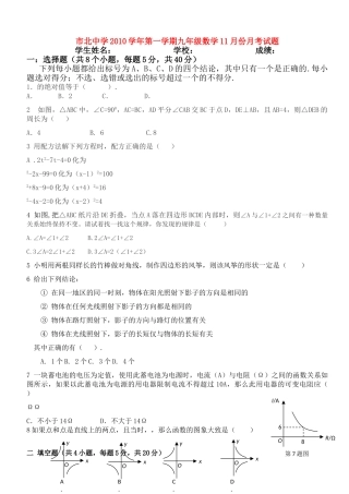 上海市市北2010九级数学第一学期11月份月考试题 北师大版