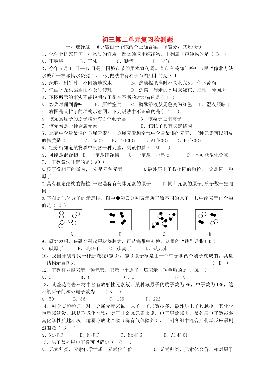 九级化学 第二单元复习检测题 鲁教版_第1页