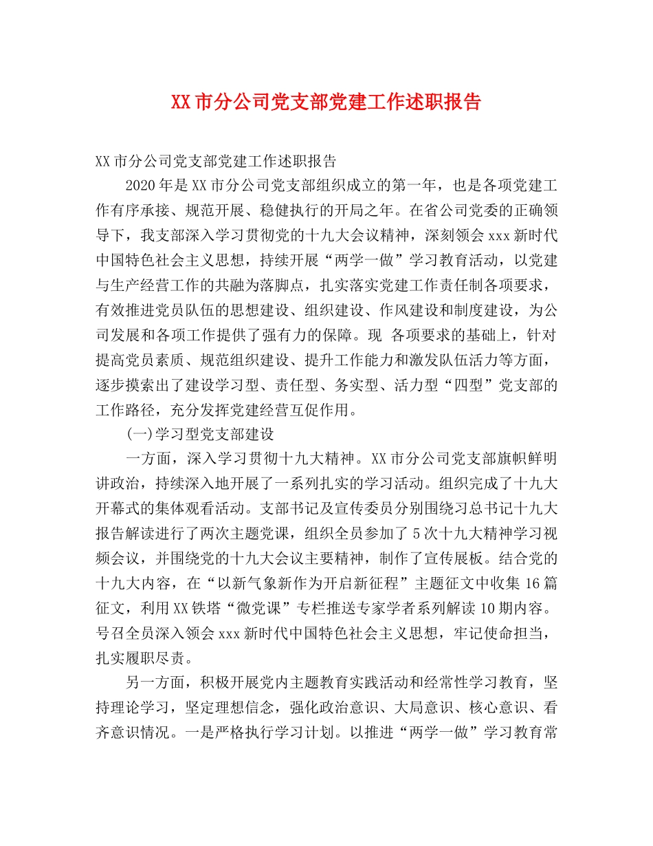 XX市分公司党支部党建工作述职报告 _第1页