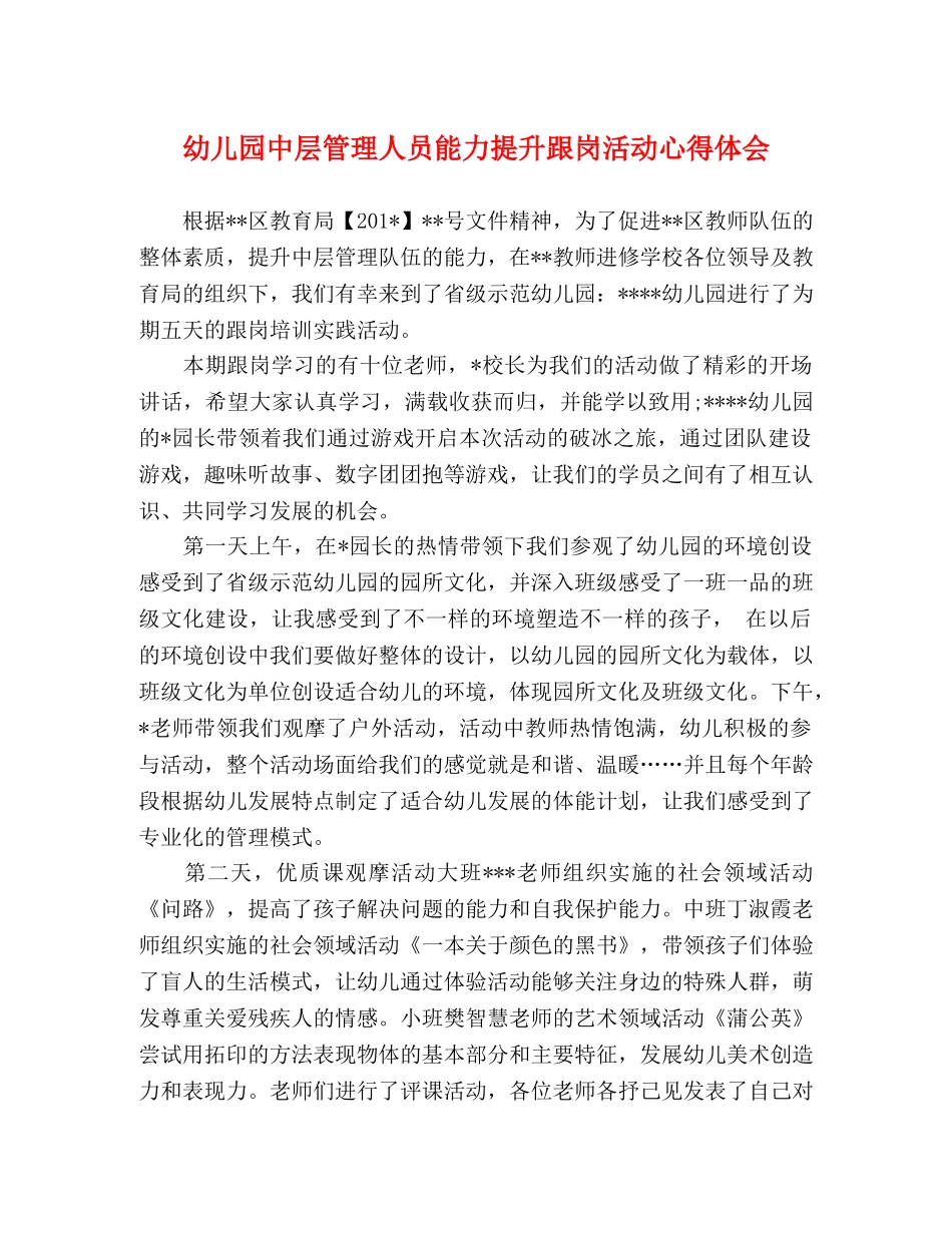 幼儿园中层管理人员能力提升跟岗活动心得体会 _第1页