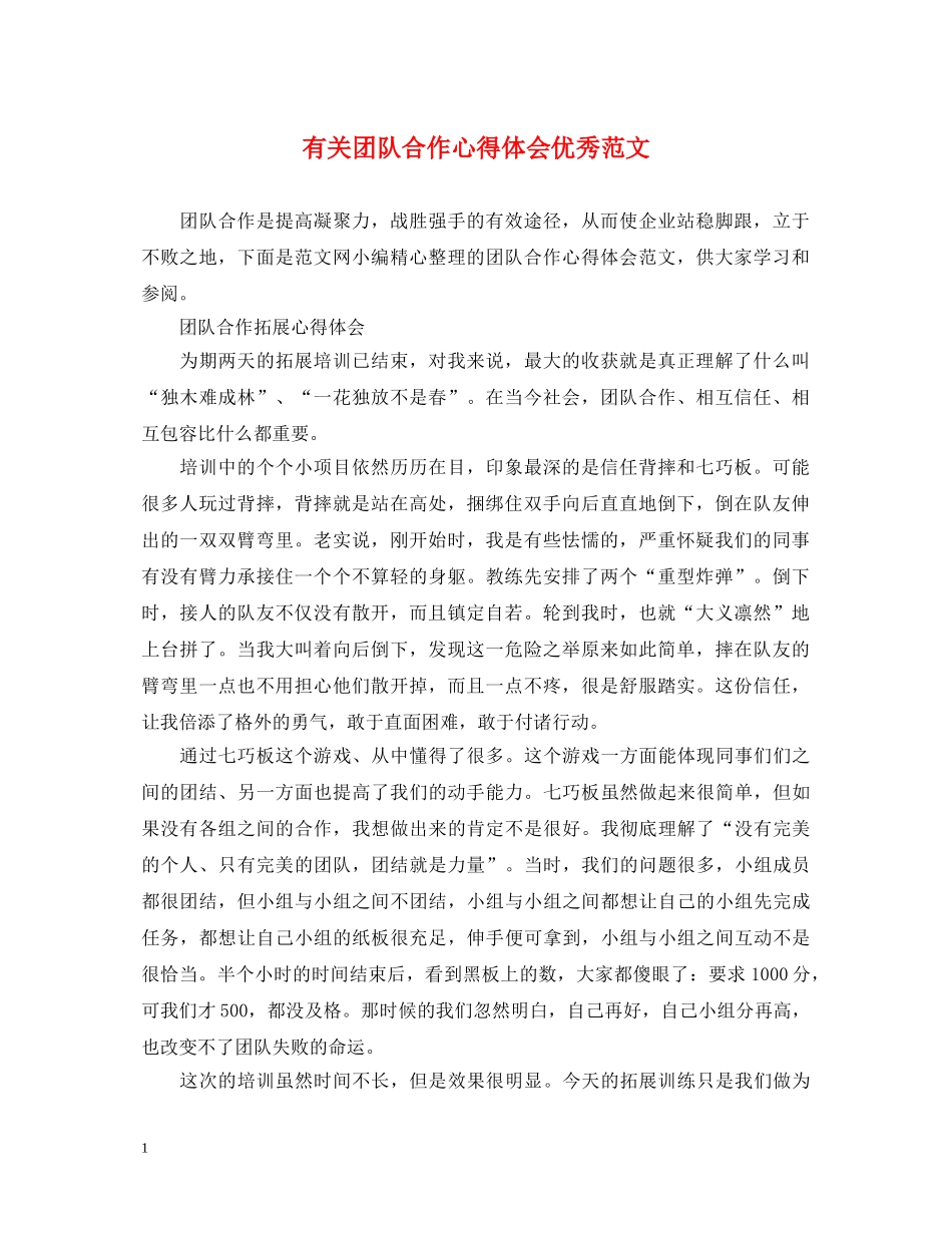 有关团队合作心得体会优秀范文 _第1页