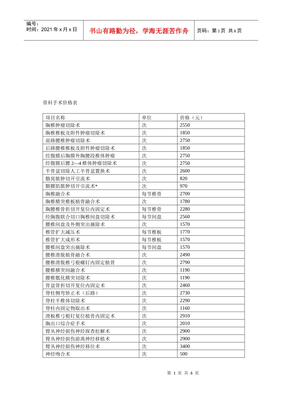 骨科手术价格表_第1页
