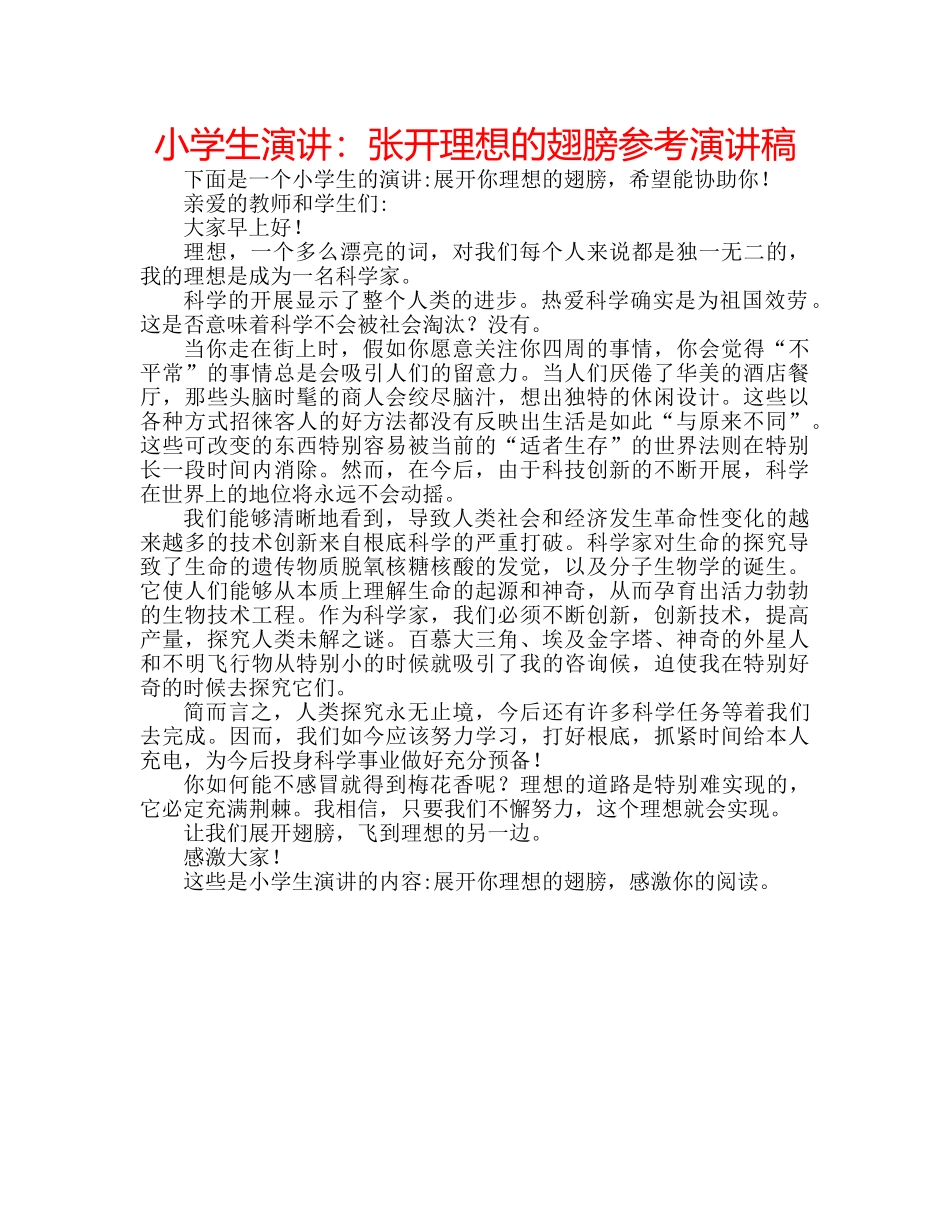 小学生演讲张开理想的翅膀参考演讲稿 _第1页