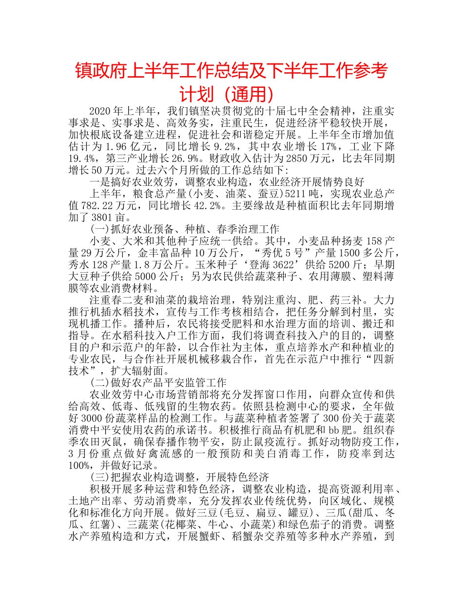 镇政府上半年工作总结及下半年工作参考计划（通用） _第1页