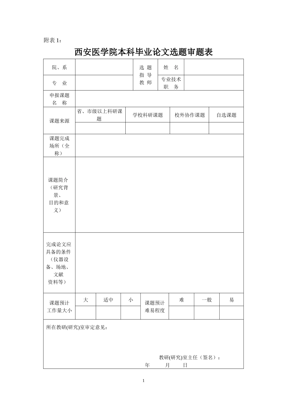 西安医学院药学院毕业设计填写表格_第1页