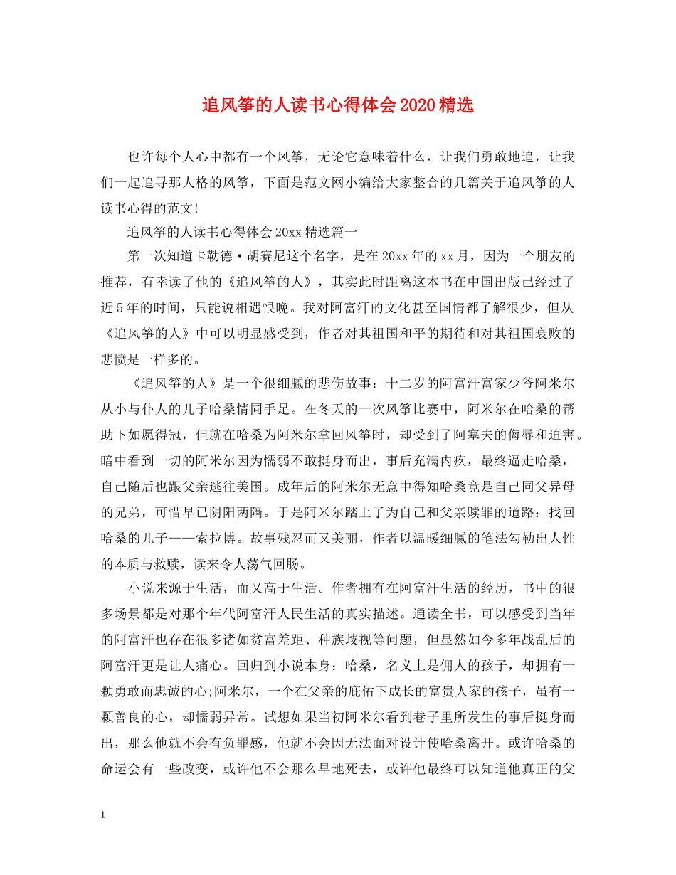 追风筝的人读书心得体会2024精选 _第1页