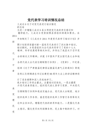 党代表学习培训情况总结 