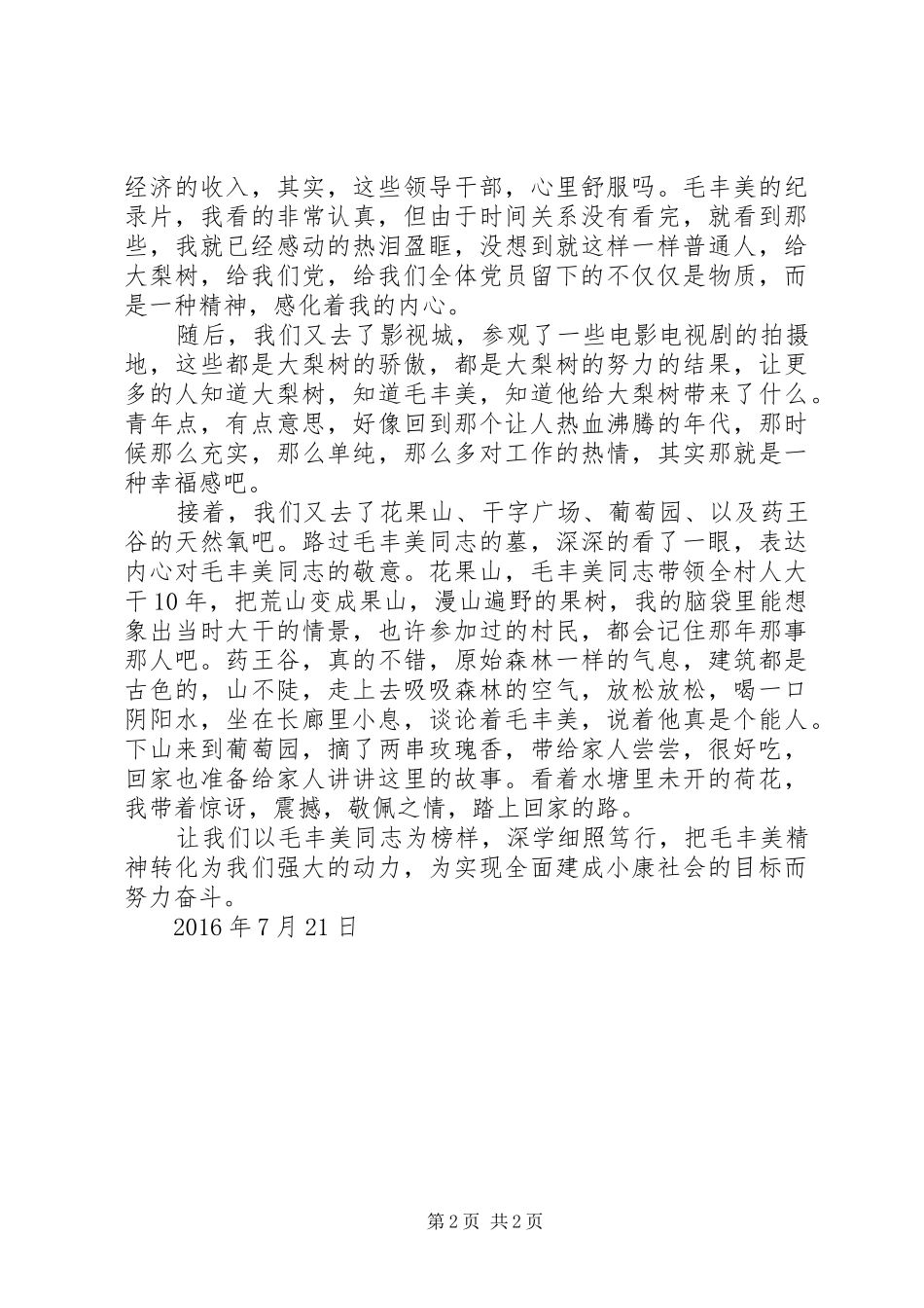 参观丹东大梨树村学习毛丰美精神体会心得_第2页