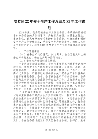 安监局XX年安全生产工作总结及XX年工作谋划 