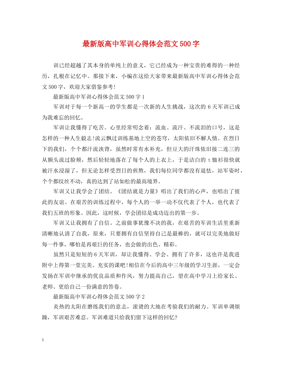 最新版高中军训心得体会范文500字 _第1页