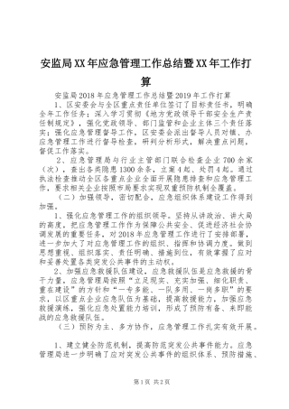 安监局XX年应急管理工作总结暨XX年工作打算 