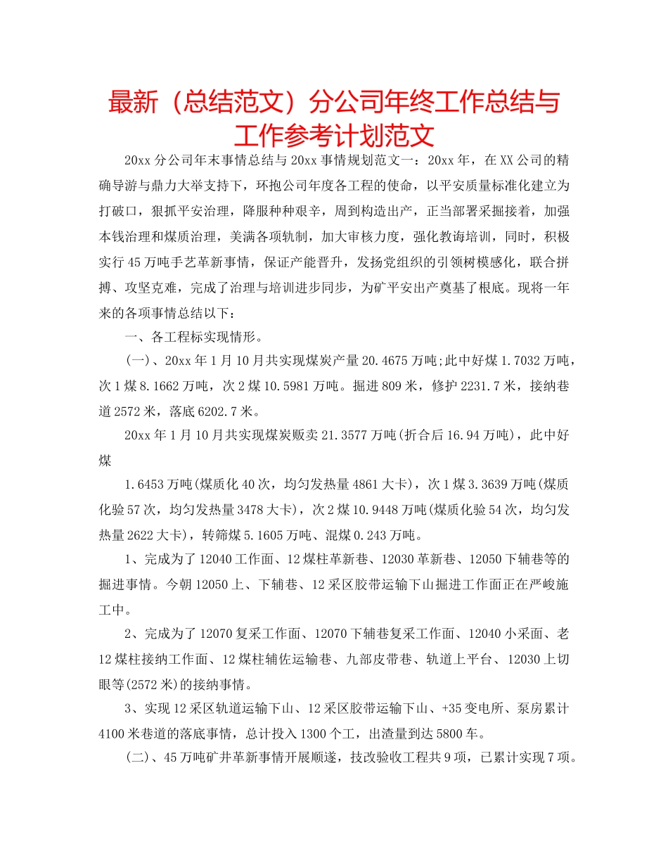 最新（总结范文）分公司年终工作总结与工作参考计划范文 _第1页