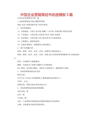 中型企业营销策划书优选模板5篇 