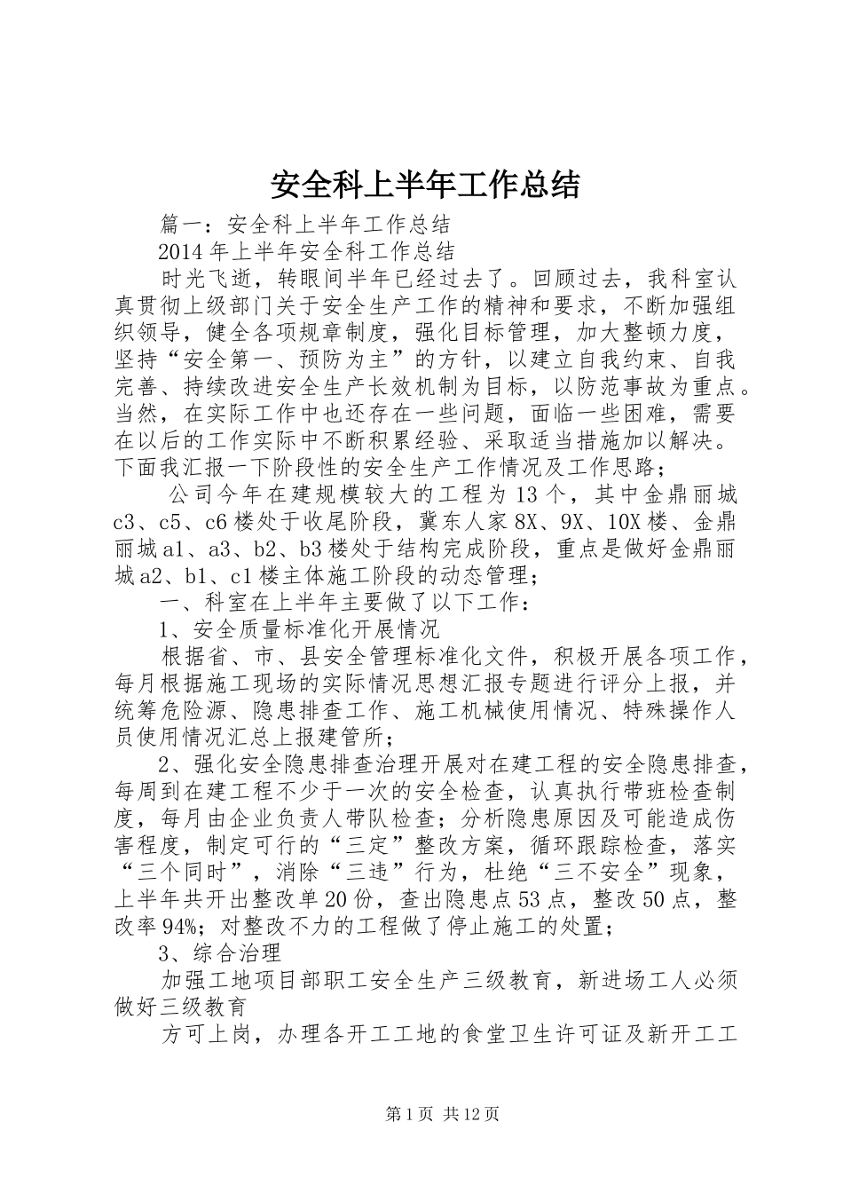 安全科上半年工作总结 _第1页
