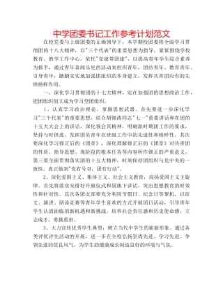中学团委书记工作参考计划范文 