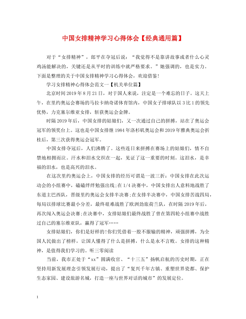 中国女排精神学习心得体会【经典通用篇】 _第1页