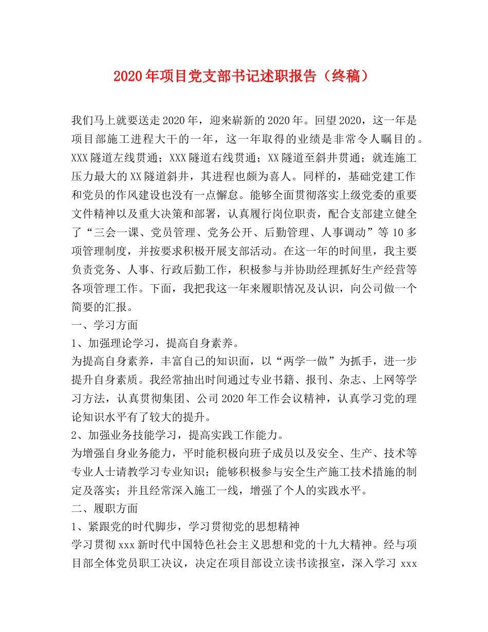 2024年项目党支部书记述职报告（终稿） _第1页