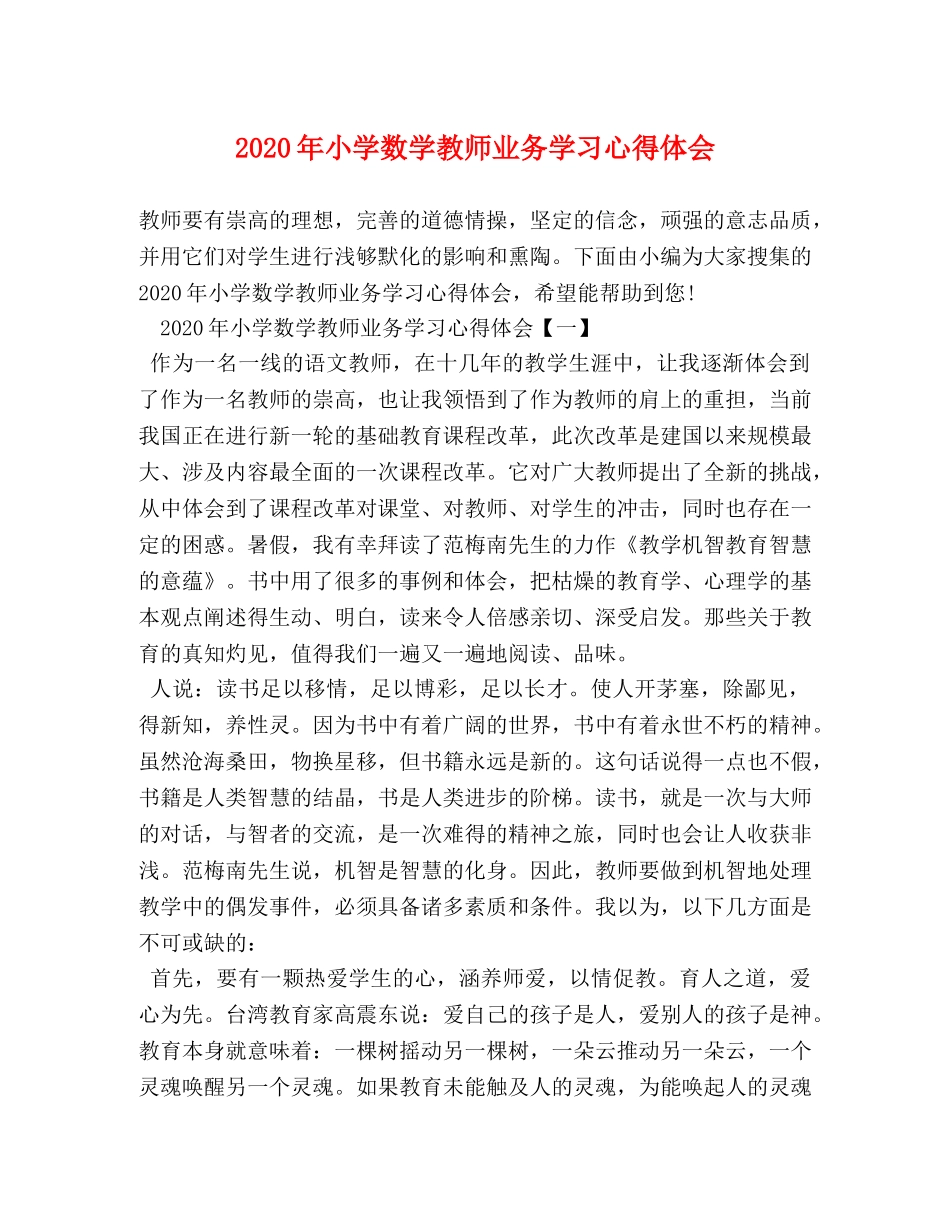 2024年小学数学教师业务学习心得体会 _第1页