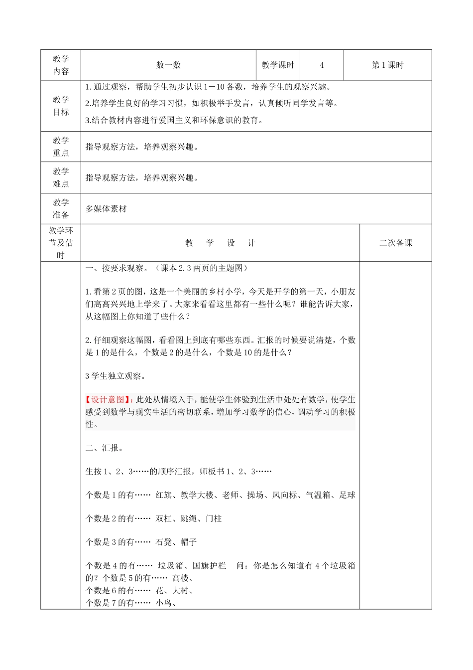 一年级数学第一周电子备课表格_第1页