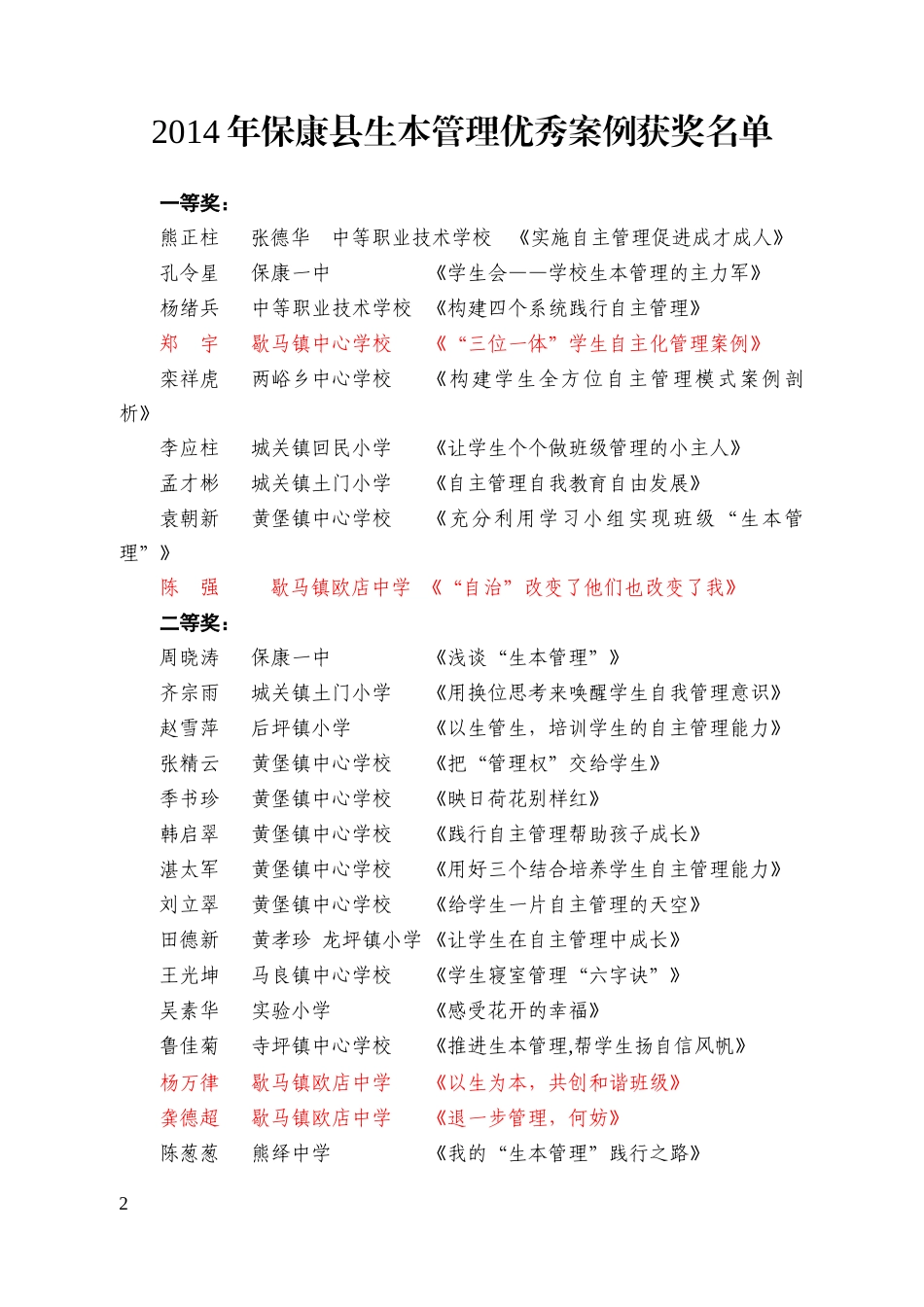 县教育关于生本管理优秀案例评审结果的通报_第2页
