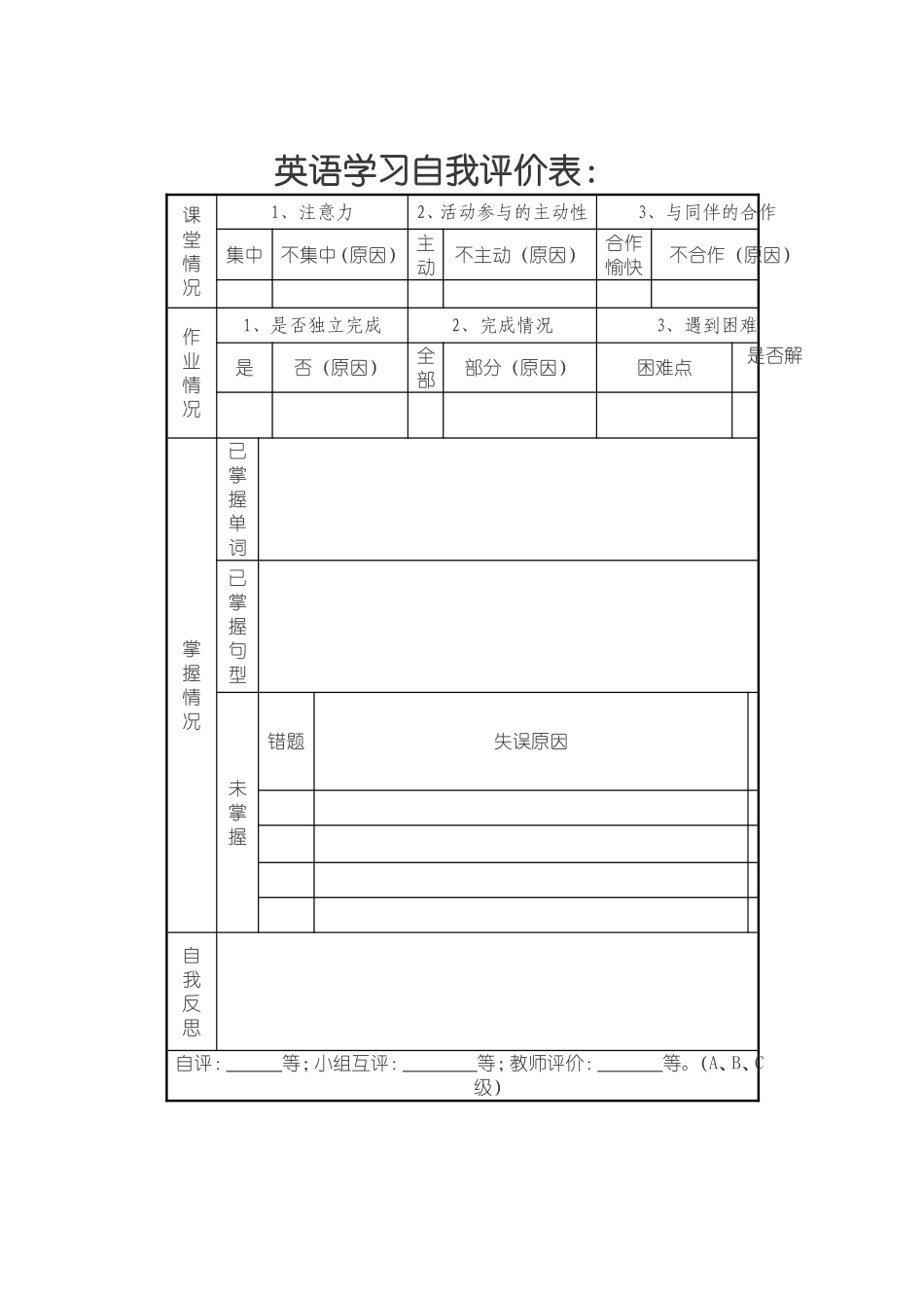 英语学习自我评价表_第1页