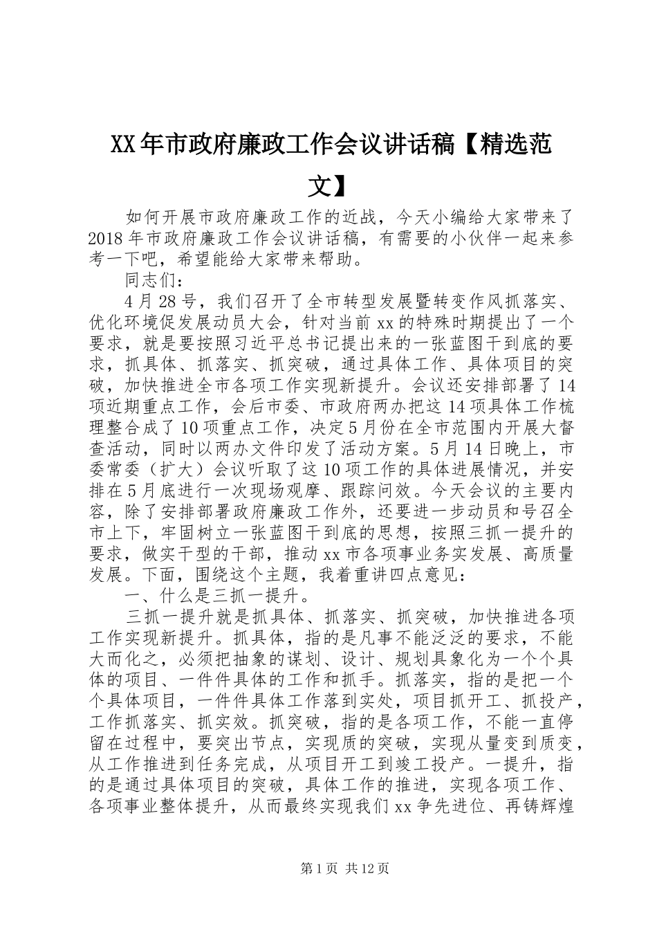 XX年市政府廉政工作会议讲话发言稿【精选范文】_第1页