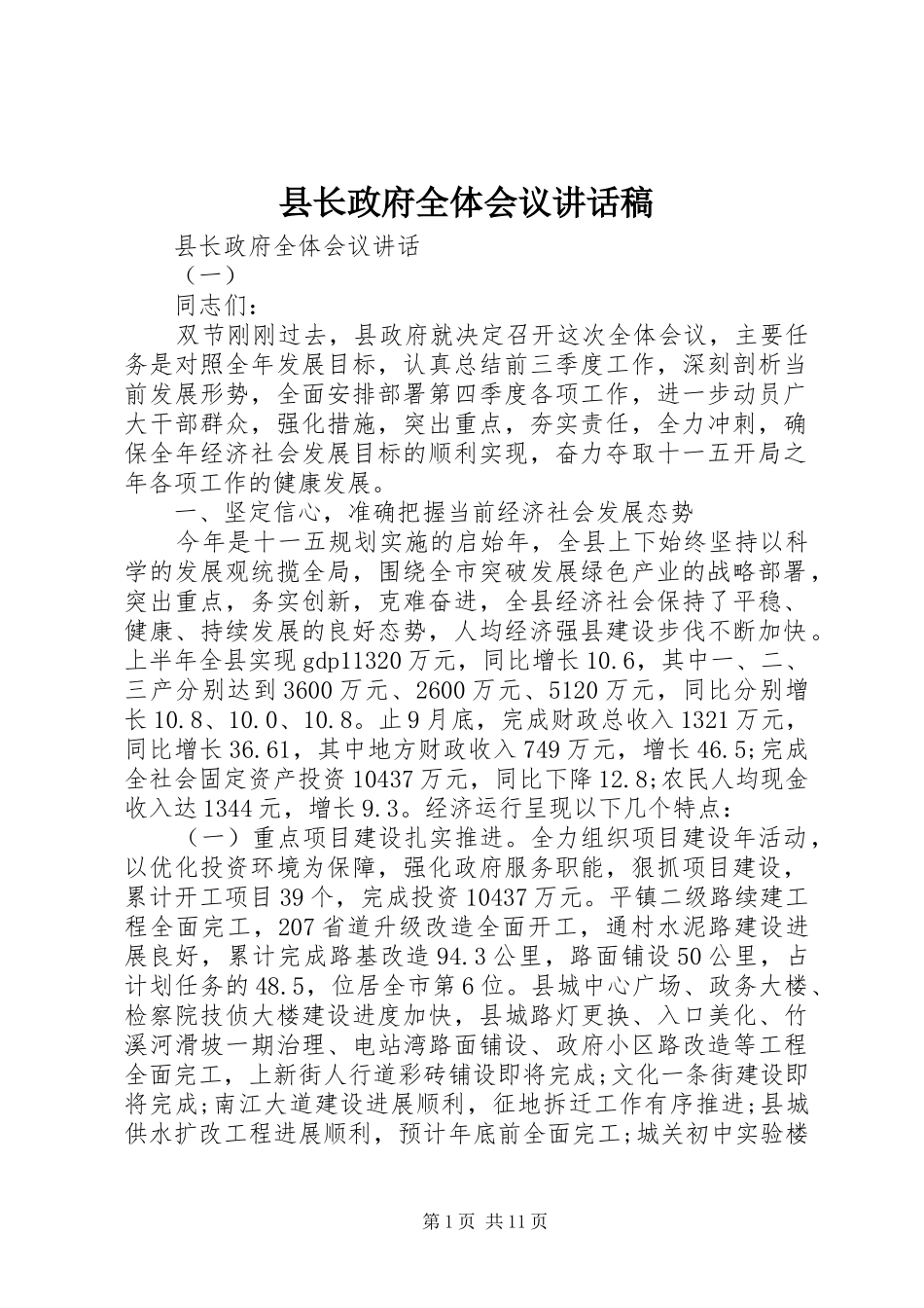 县长政府全体会议讲话发言稿_第1页