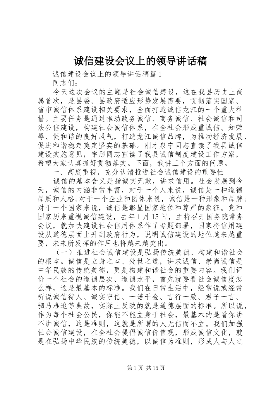 诚信建设会议上的领导讲话发言稿_第1页