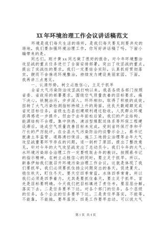 XX年环境治理工作会议讲话发言稿范文