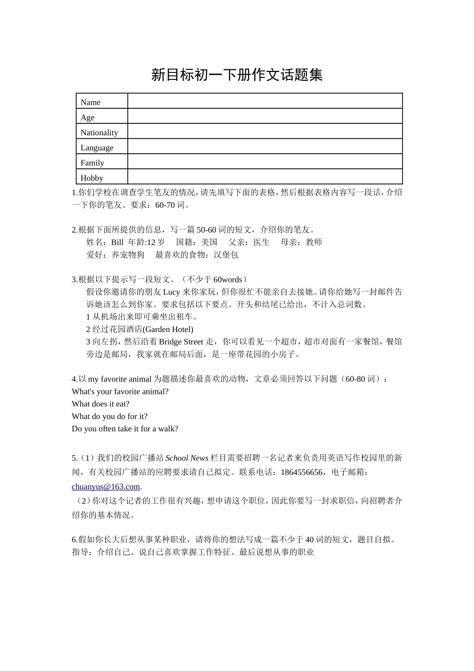 人教版初一英语下册作文话题集_第1页