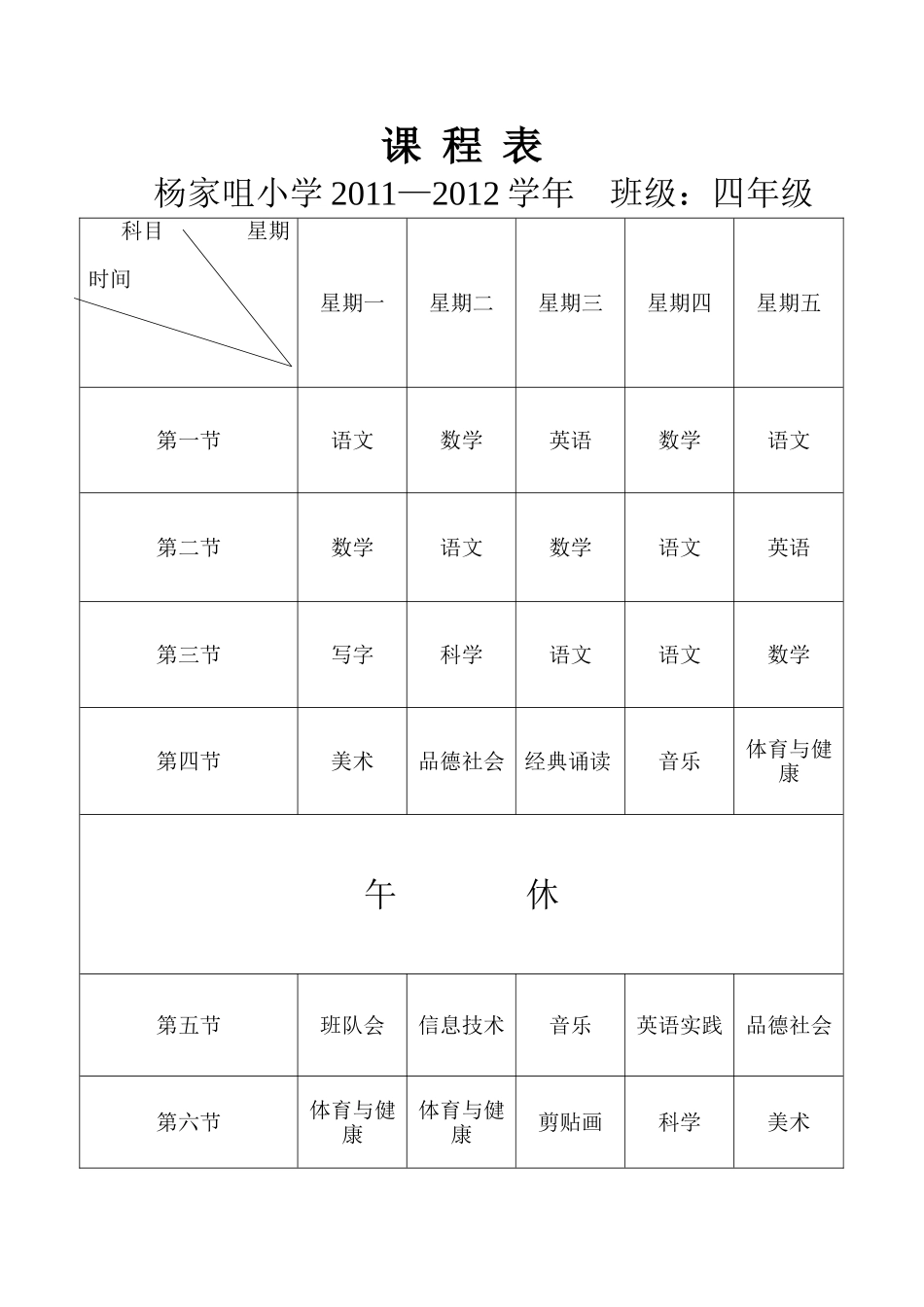 2011—2012杨学年课程表_第2页