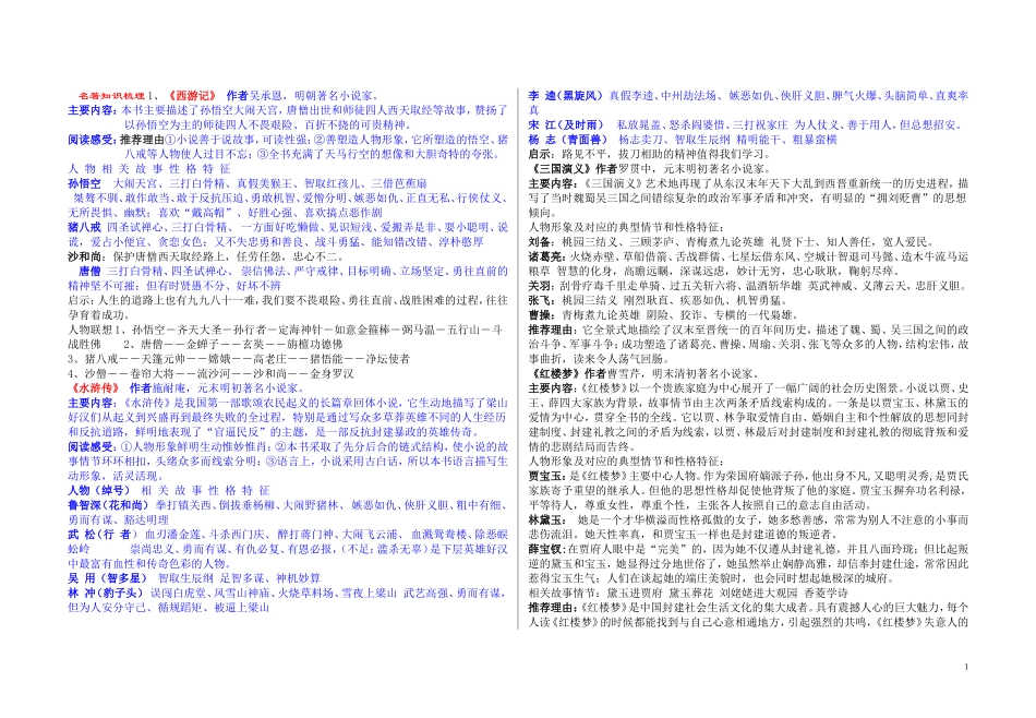 中考课外文学名著阅读总复习知识点梳理_第1页