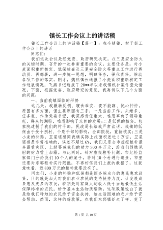 镇长工作会议上的讲话发言稿