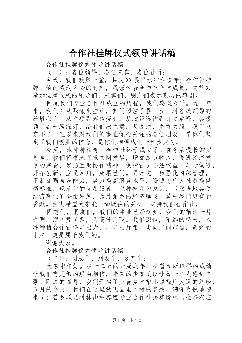 合作社挂牌仪式领导讲话发言稿_第1页