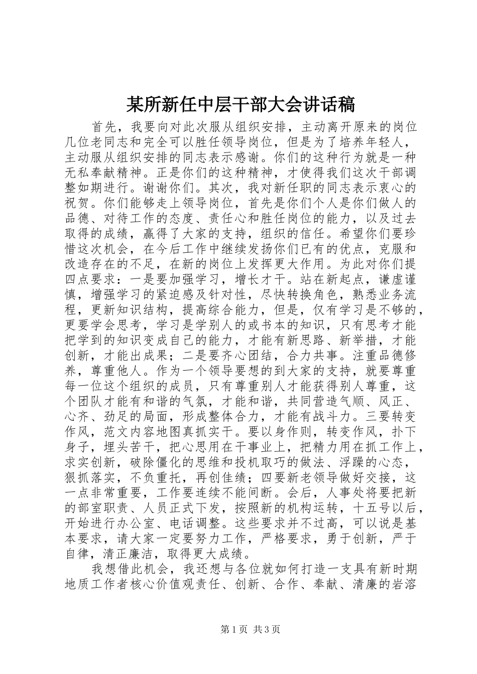 某所新任中层干部大会讲话发言稿_第1页