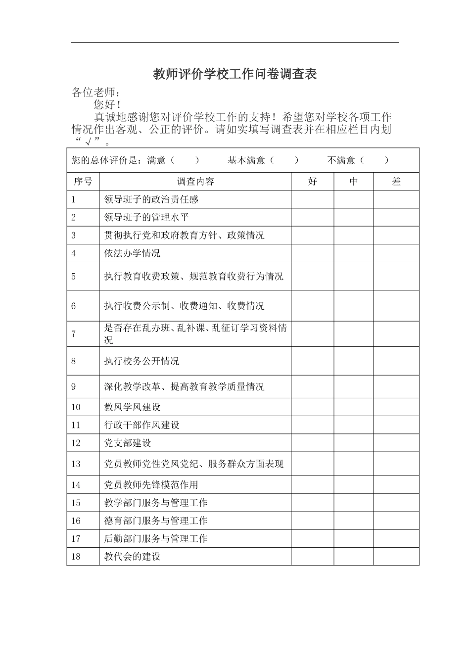 教师评价学校工作问卷调查表_第1页
