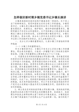 怎样做好新时期乡镇党委书记乡镇长演讲稿