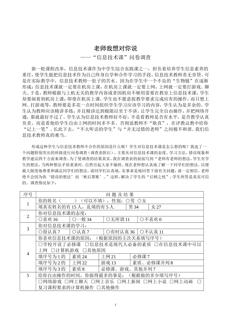 老师我想对你说——“信息技术课”问卷调查_第1页
