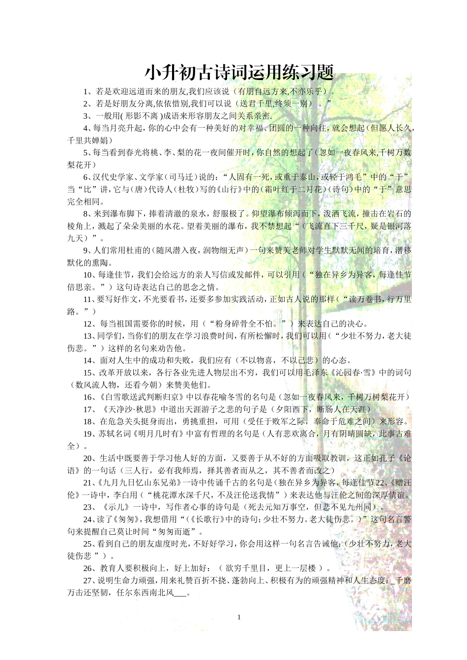 小升初古诗词运用练习题_第1页