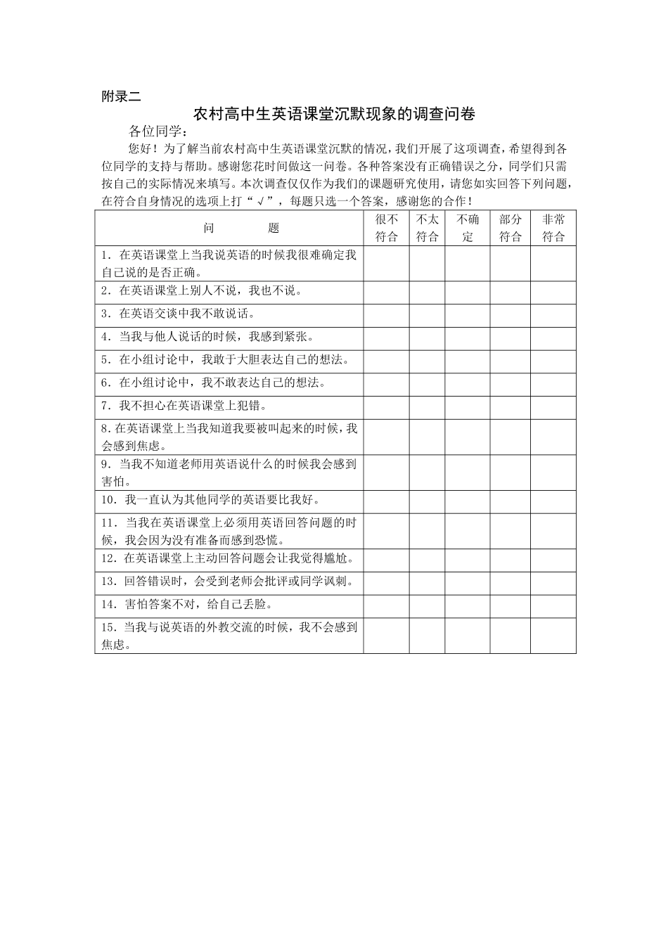 农村高中生英语课堂沉默现象的调查问卷_第1页