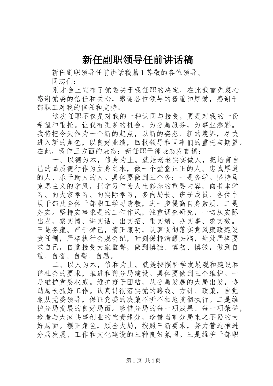 新任副职领导任前讲话发言稿_第1页