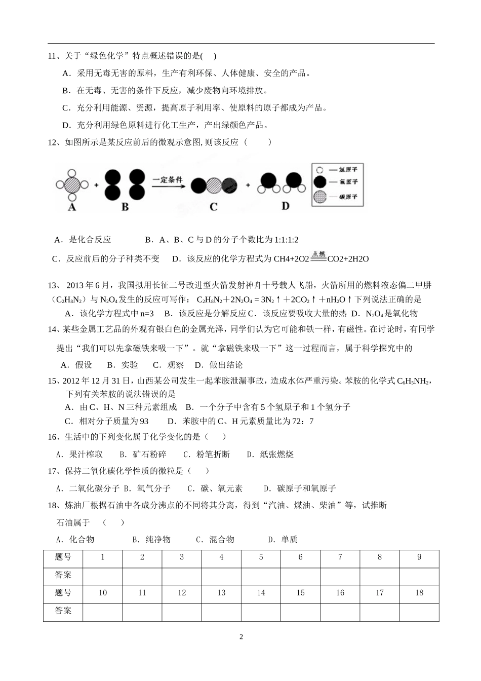 白银市第十中学初中化学下学期限时测试题--选择题（1）基本概念和原理_第2页