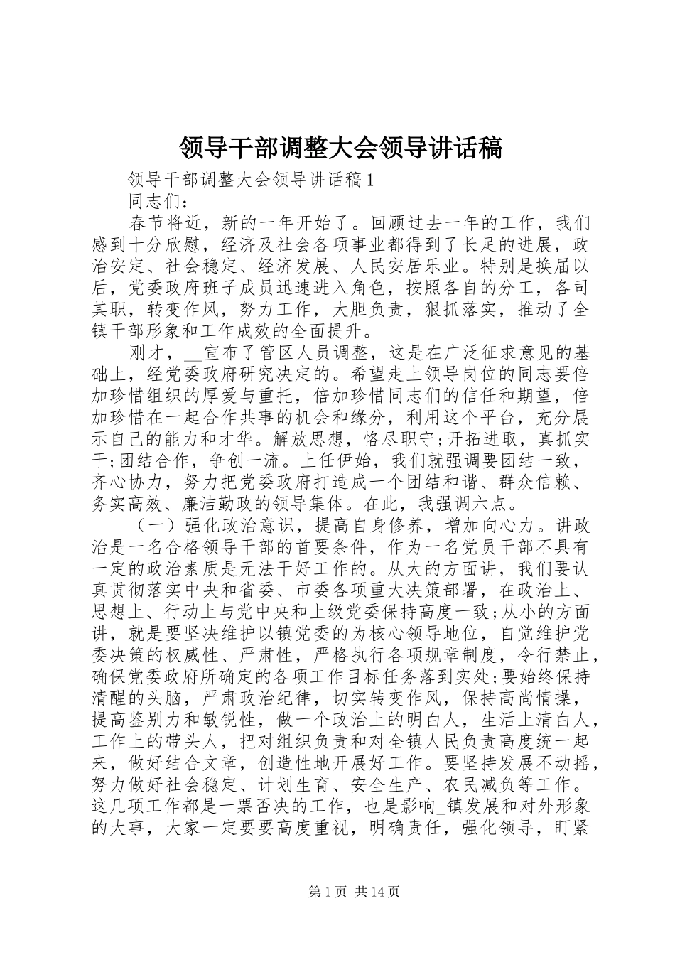 领导干部调整大会领导讲话发言稿_第1页